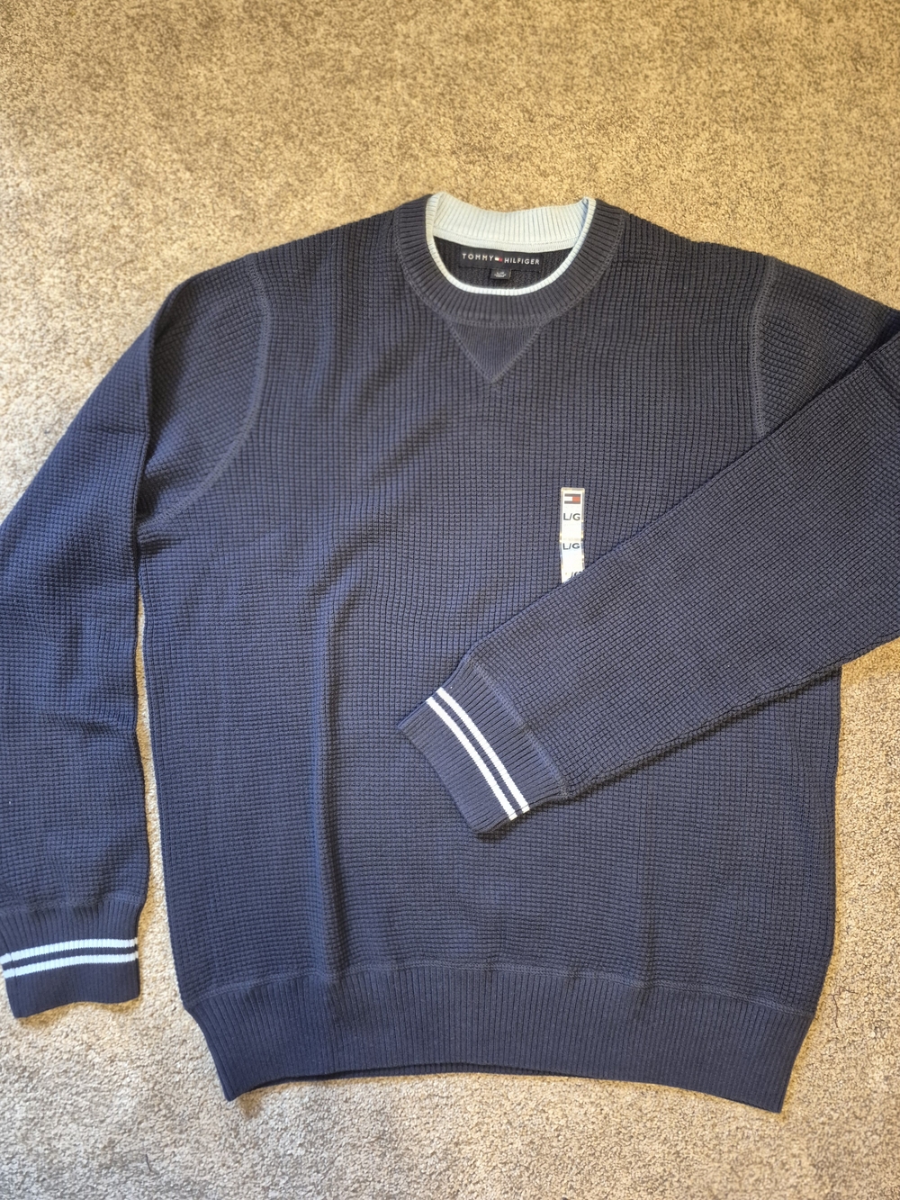 NWOT Old Stock HT Brand Navy Blue Waffle-Knit Crewneck Cotton Sweater Large